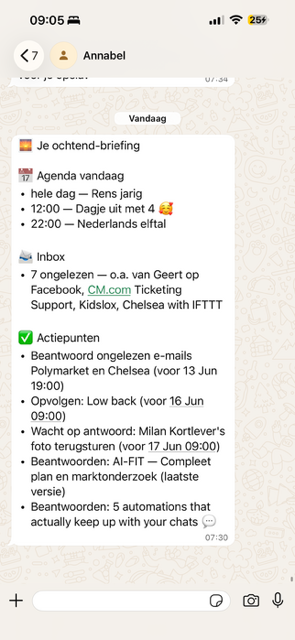 Dagelijkse ochtend-briefing van Annabel in WhatsApp